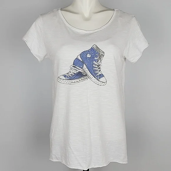 For The Republic Women's White Tee Shirt High Top Blue Rhinestone Sneaker Size S - Picture 6 of 15